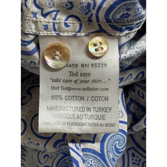 Ted‎ Baker Shirt Mens 16 40.5 Blue Geo Button Up 100% Cotton French Flip Cuffs - Picture 5 of 10